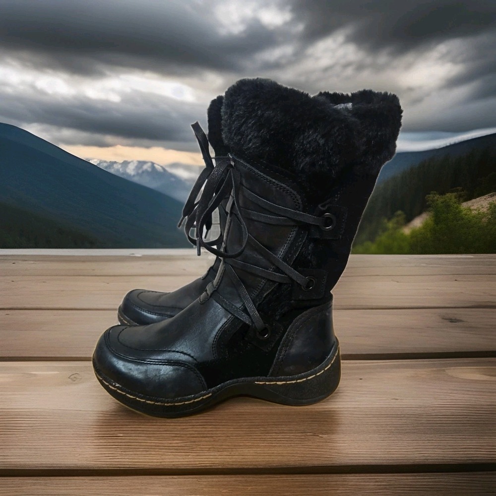 Bear Traps Black Eloquent Winter Boots Faux Fur size 6M Zip‎ & Tie EUC